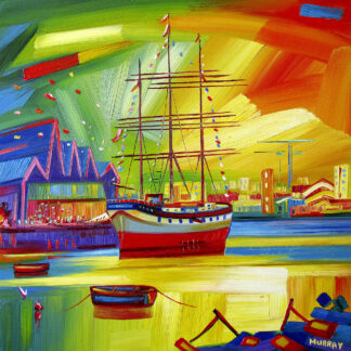 A vibrant painting featuring a ship at a dock with buildings in the background and highly stylized, colorful brushstrokes. By Raymond Murray